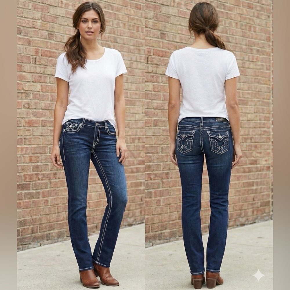 LA IDOL Bling Pockets Dble Stitching Distressed Blue Women's Jeans Size 19 41x34